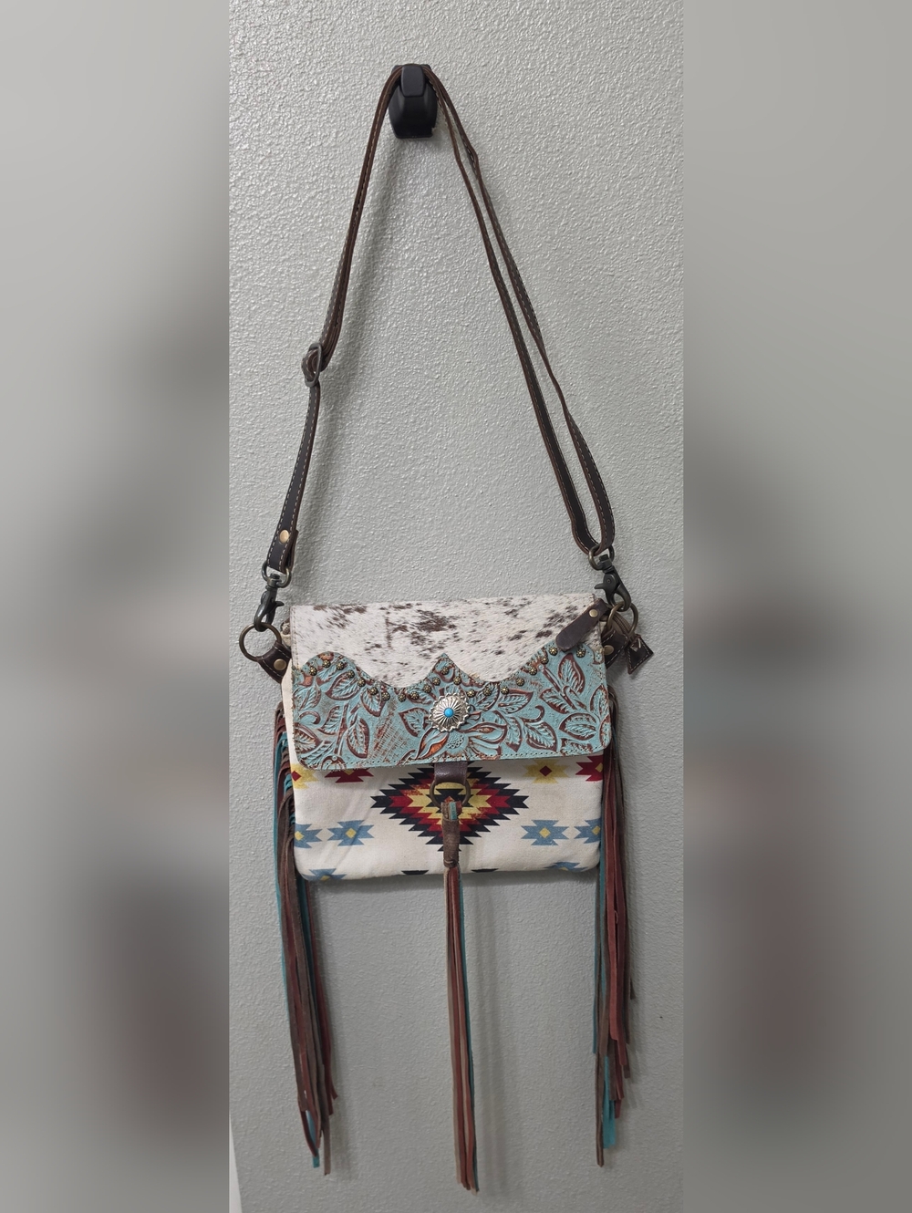 Myra Bag Brown Turquoise Multicolor Tooled Fringe Crossbody